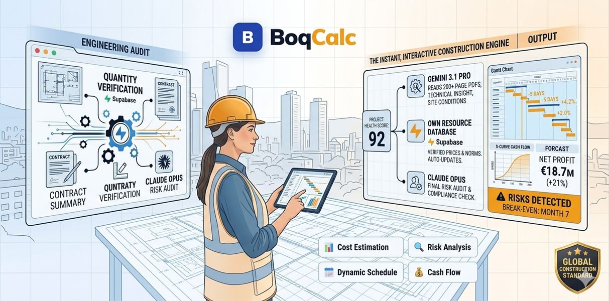 Interactive BoqCalc dashboard showing AI-driven cost estimation, real-time S-curve cash flow, and automated risk audit for a construction project.
