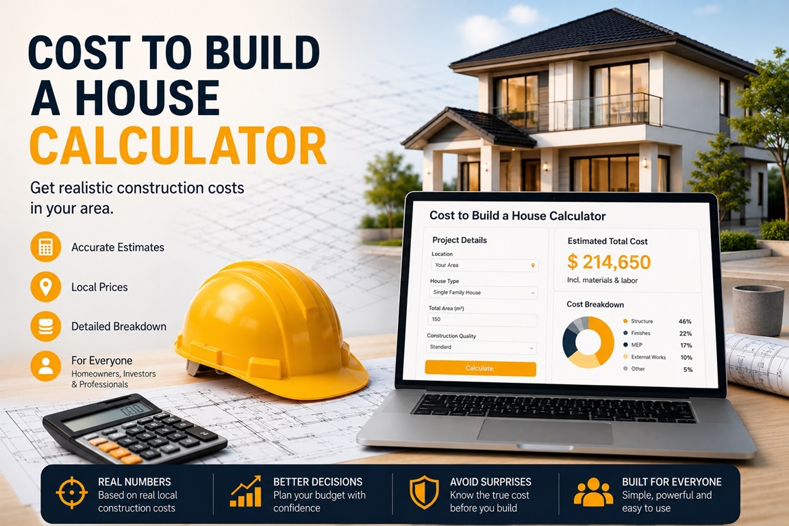 Cost to build a house calculator interface showing real construction cost estimation with local pricing, laptop, house model and construction tools.